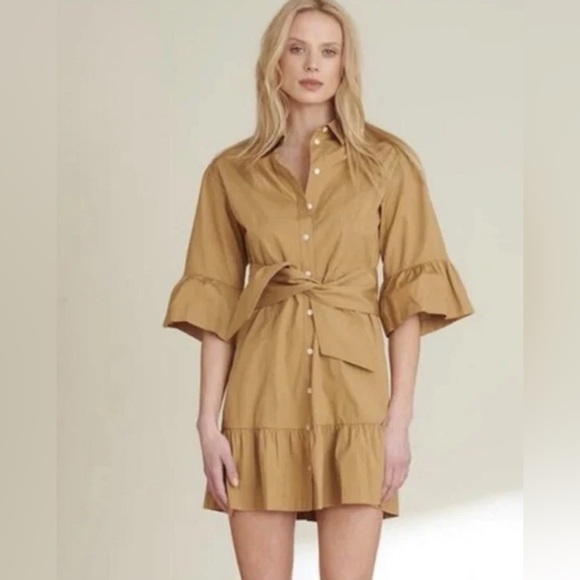 NWT VERONICA BEARD Luriane Poplin Tie Waist Khaki Flounce Sleeve Cotton Dress - Picture 4 of 14